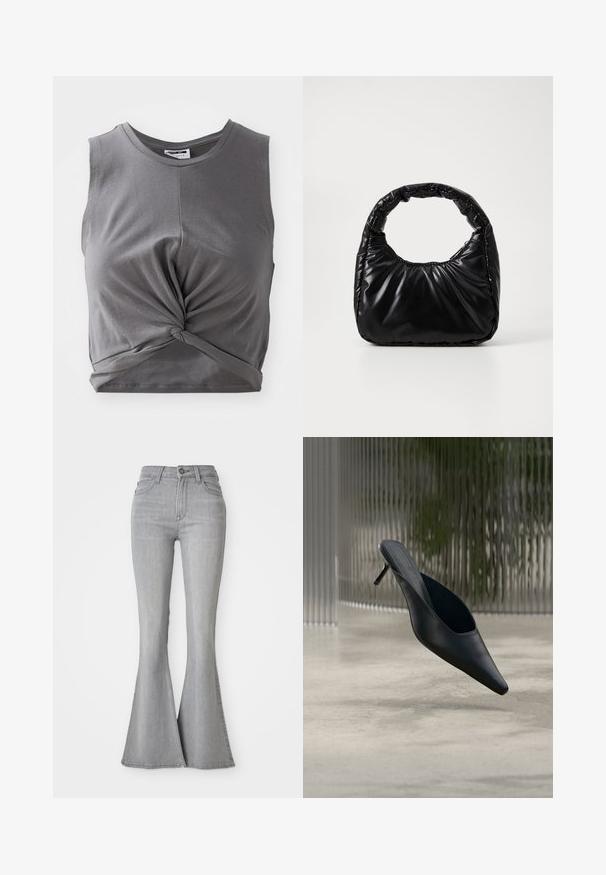 Grå ærmeløs crop top lavet af blød bomuld, med et snoet frontdetalje og et tætsiddende design. Glat tekstur med en rund udskæring.; Højtaljede lysegrå denim jeans med flared ben, frontknap, lynlås og for- samt baglommer.; Sort mule sko med spids tå og tynd høj hæl, der svæver over en glat beton gulv med en sløret baggrund med lodrette striber.; Sort polstret håndtaske med et rundt håndtag, der har en glat, skinnende overflade og en blød, kviltet tekstur. Ingen synlige hardware eller accenter.