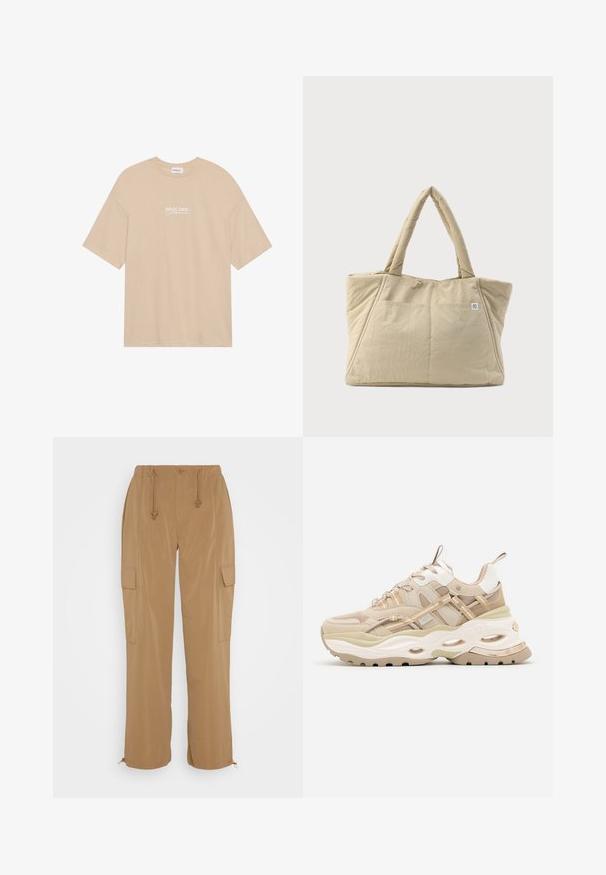Beige bomulds t-shirt med rund hals og korte ærmer. Foran er der trykt "PACIFIC COAST California" i hvid tekst.; ONLY ONLCELIA PARACHUTE - Cargobukser - martini olive; Beige og hvide chunky sneakers med tyk sål, mesh- og læderpaneler, ovale udskæringer i mellemsålen, trækstropper på tunge og hæl.; Beige polstret shoppertaske med lange håndtag og en frontlomme med et lille rundt logo på en hvid mærkat.