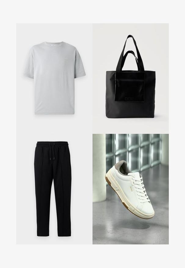 T-shirt en coton gris avec une coupe décontractée, des manches courtes et un petit texte jaune sur le devant. Texture douce et col rond classique.; Pantalons de survêtement noirs avec cordon de serrage, une taille élastique et des coutures subtiles à l'avant, présentés sur un fond blanc.; Baskets blanches avec des accents beige, semelle en caoutchouc et lacets, de marque "HUGO", posées au-dessus d'un sol en béton poli près de blocs de verre.; Sac cabas noir avec poche zippée à l'avant et double poignée, posé sur un fond clair uni.