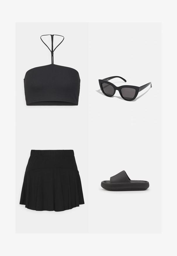 Calvin Klein Q-NOVA HALTER BANDEAU BRALETTE - Débardeur - black; Jupe mini noire évasée en tissu doux et extensible, dotée d'une taille élastique pour le confort et d'un ourlet lisse. Aucun motif ou accent supplémentaire.; Sandale noire à glissière avec une texture lisse et un design ouvert, dotée d'une large sangle et d'une semelle basse légèrement contournée.; Lunettes de soleil noires en forme d'œil de chat avec une finition mate, dotées de verres teintés gris, d'angles aigus et de branches élégantes. Nom de la marque visible sur la branche intérieure.