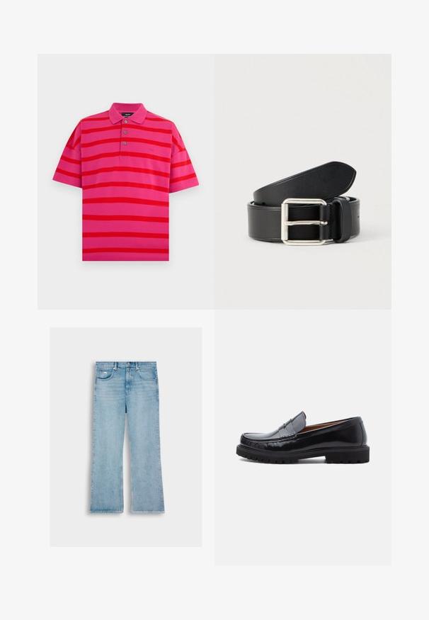 Camiseta polo de manga corta con rayas rosas y rojas, con tres botones y cuello, presentada extendida sobre un fondo blanco.; Jeans de mezclilla azul claro con corte recto, que cuentan con cinco bolsillos, cierre de botón y costuras a lo largo de las costuras.; Mocasines de penny de cuero negro con suela de goma gruesa y costura tipo moc, presentados de perfil sobre un fondo blanco.; Cinturón de cuero negro con textura lisa, hebilla metálica plateada y diseño limpio y sencillo. Cuenta con agujeros para ajuste.