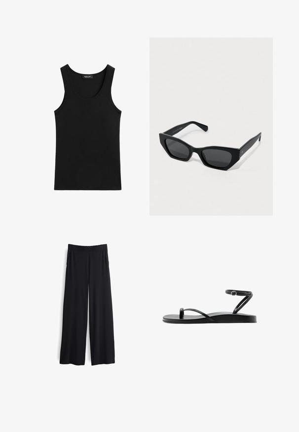 Schwarzes ärmelloses Tanktop mit rundem Ausschnitt, aus glattem Stoff, das ein kleines Markenetikett innen am Kragen zeigt.; Schwarze, weit geschnittene Hose mit glatter Textur und elastischem Bund. Ausgestattet mit Seitentaschen und lockerem Sitz für zusätzlichen Komfort.; Schwarze flache Sandale mit dünnen Riemen, Zehenschlaufe und Knöchelriemen mit kleiner runder Schnalle, im Seitenprofil dargestellt.; Schwarze Cat-Eye-Sonnenbrille mit dicken Rahmen und dunkel getönten Gläsern, die auf einer weißen Oberfläche liegt.