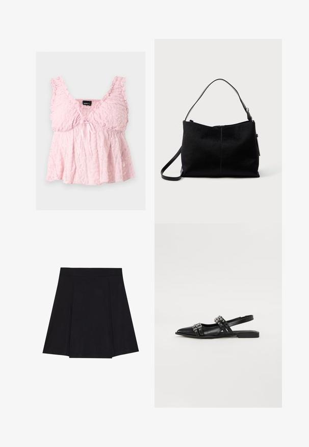 Lyserød blonde cropped top med flæse stropper, V-halsudskæring og lille sløjfe foran i midten.; Sort skater nederdel lavet af blødt stof, med en tætsiddende talje, plisseringer foran og en vidde, knælang kant.; Even&Odd by Zalando Slingback-ballerinasko - black; Sort skuldertaske med en glat, tekstureret overflade, prydet med en enkelt rem og en lynlåslukning øverst. Kompakt rektangulær form.