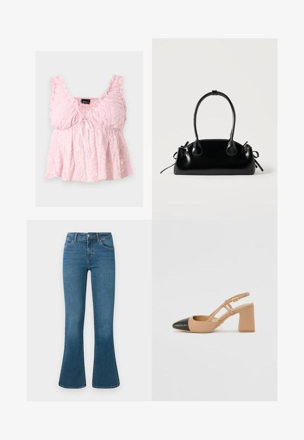 Lyserød blonde cropped top med flæse stropper, V-halsudskæring og lille sløjfe foran i midten.; Blå denim flared jeans med en mellemhøj talje, fem-lomme design og diskrete syninger. Glat tekstur med en klassisk vask.; Beige slingback sko med en sort spids tå, en firkantet høj hæl og to remdetaljer, fremstillet af et glat materiale.; Lille sort blank håndtaske med to lange håndtag og snøre-detaljer i siden på en ensfarvet lys baggrund.