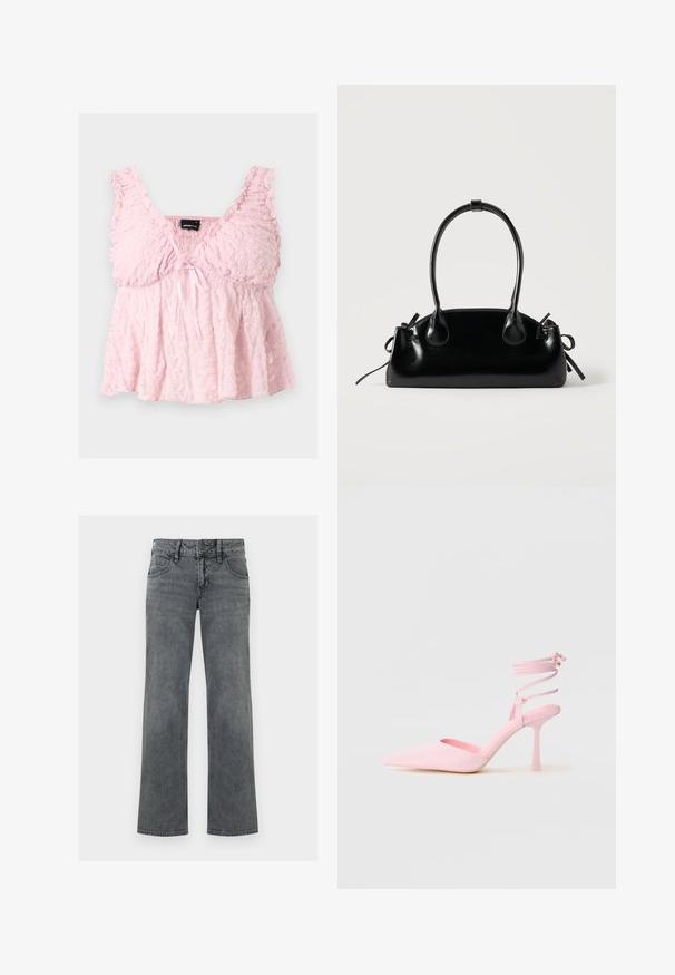 Lyserød blonde cropped top med flæse stropper, V-halsudskæring og lille sløjfe foran i midten.; Grå denimjeans med lige ben, lynlås og knap foran samt fem-lomme-design, vist mod en hvid baggrund.; Lyserøde højhælede sko med spidse tæer, satinfinish og ankelstrop med krydsgående detaljer. Slankt silhouette og tynd hæl.; Lille sort blank håndtaske med to lange håndtag og snøre-detaljer i siden på en ensfarvet lys baggrund.