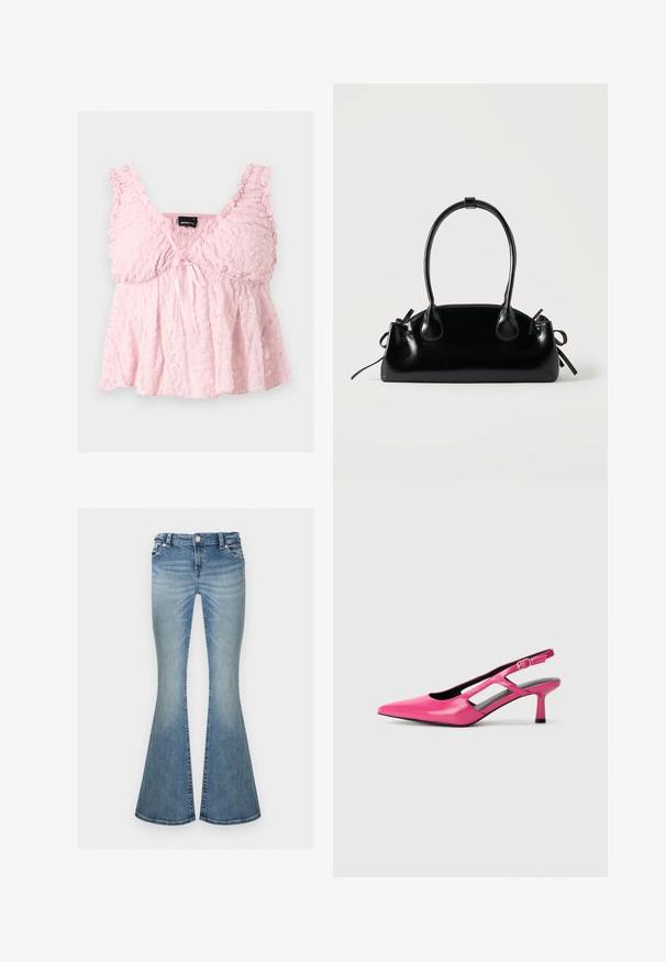 Lichtroze kanten cropped top met geplooide bandjes, V-hals en klein strikje middenvoor.; Lichtblauwe uitgebleekte spijkerbroek met een hoge taille en uitlopende brede pijpen, voorzien van voorzakken en een knoopsluiting.; Roze leren slingback pump met een spitse neus, uitsnijdingen en een lage hak. Gladde textuur en verstelbare gespsluiting.; Kleine zwarte glanzende handtas met twee lange hengsels en zijkant trekkoord details op een effen lichte achtergrond.