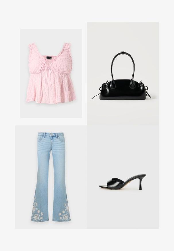 Crop top en dentelle rose clair avec des bretelles volantées, un décolleté en V et un petit nœud au centre devant.; Jean évasé bleu clair avec taille haute et broderie florale blanche près de l'ourlet sur les deux jambes.; Mules à talons hauts en cuir noir avec un design à bout ouvert et une large sangle supérieure incurvée. Texture lisse et silhouette élégante.; Petit sac à main noir brillant avec deux longues anses et des détails à cordon sur les côtés sur un fond clair uni.
