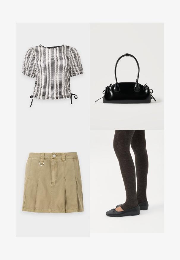 Blusa de rayas en blanco y negro con mangas abullonadas, lados fruncidos y lazos ajustables. Tejido texturizado con un suave brillo. Cuello redondo.; Falda de mezclilla verde oliva claro con cuatro pliegues en forma de cuchillo, cierre frontal con botones y un detalle de bucle de metal en la waistband.; Piernas con leggings oscuros acanalados combinados con bailarinas negras que presentan pequeños detalles de lazo sobre un fondo blanco.; Pequeño bolso negro brillante con dos asas largas y detalles de cordón lateral sobre un fondo claro liso.