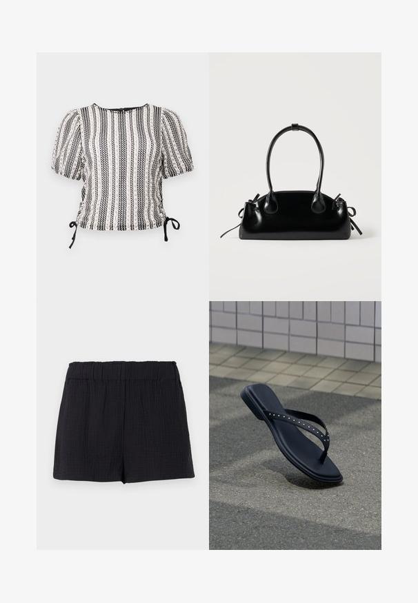 Blouse rayée noir et blanc avec des manches bouffantes, des côtés froncés et des liens réglables. Tissu texturé avec un doux éclat. Encolure ronde.; Shorts en tissu noir texturé avec une taille élastique et une coupe ample et décontractée.; Sandale noire de type tong avec des brides cloutées suspendue au-dessus du pavé en asphalte près du bord d’un mur carrelé.; Petit sac à main noir brillant avec deux longues anses et des détails à cordon sur les côtés sur un fond clair uni.