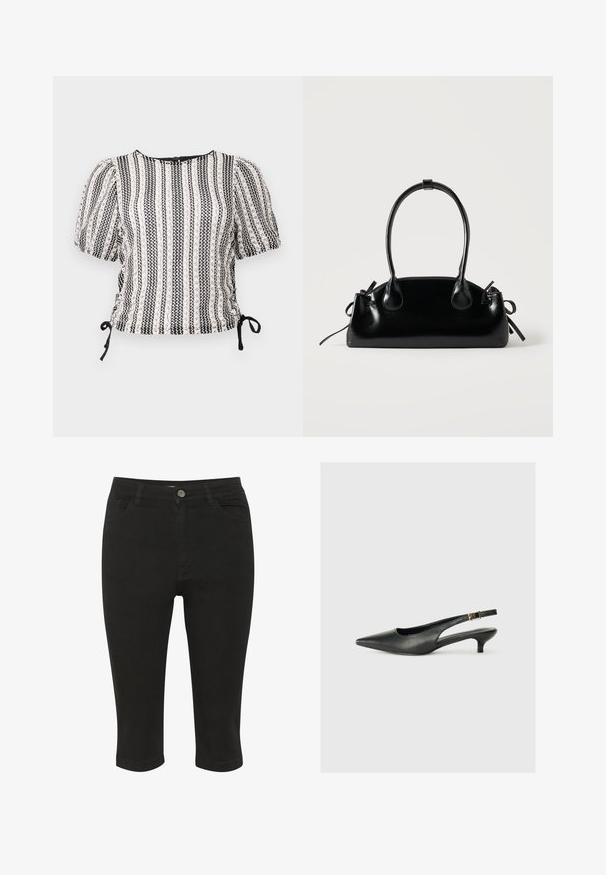 Schwarze und weiße gestreifte Bluse mit Puffärmel, gerafften Seiten und verstellbaren Bindebändern. Texturiert mit einem soft glänzenden Stoff. Rundhalsausschnitt.; Schwarze Denim-Caprihosen mit einer taillierten Passform, Fronttaschen und einem einzigen Knopfverschluss, ausgestattet mit einer glatten Textur und Knöchellänge.; Schwarzer Slingback-Schuh mit spitzem Zehenbereich aus glattem Leder. Mit einem dünnen Absatz und einer dekorativen Schnalle am verstellbaren Riemen.; Kleine schwarze glänzende Handtasche mit zwei langen Griffen und seitlichen Kordelzug-Details vor einfachem hellem Hintergrund.