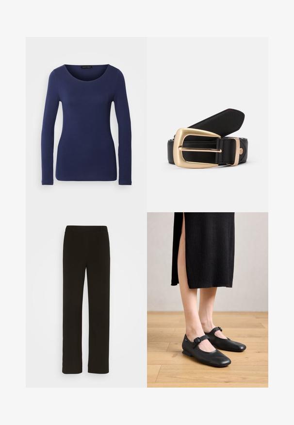 Marineblaues Langarm-T-Shirt aus weichem Material mit rundem Halsausschnitt und figurnaher Passform. Keine sichtbaren Muster oder Akzente.; Schwarze, gerade geschnittene Hose aus gewebtem Stoff mit flachem Bund, zwei seitlichen Taschen und einer glatten Textur. Keine sichtbaren Muster oder Akzente.; Schwarze Leder-Mary Jane-Ballerinas mit einem kleinen Absatz, runder Zehenpartie und einem seitlichen Schnallen-Detail. Das strukturierte Design erhöht die visuelle Attraktivität.; Schwarzer Ledergürtel mit einer goldenen rechteckigen Schnalle. Der Gürtel hat eine glatte Textur und eine dezente Naht entlang der Kanten.