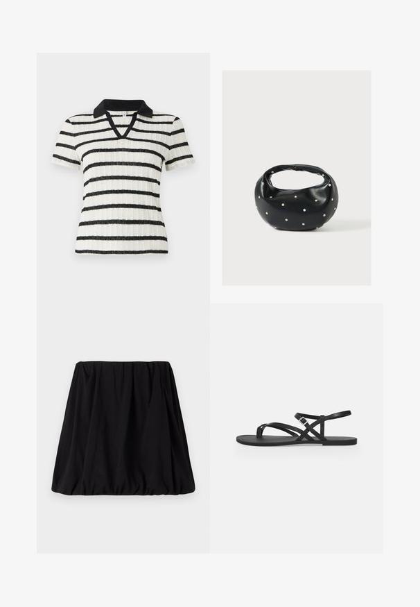 Chemise blanche à manches courtes avec des rayures horizontales noires et un col polo noir. Design en V avec texture côtelée.; Jupe noire, froncée, en tissu doux, dotée d'une taille élastique et d'une silhouette volumineuse. Pas de motifs ni d'accents visibles.; Sandale plate noire avec fines brides, boucle réglable à la cheville et bride pour l’orteil sur un fond gris clair uni.; Sac à main en cuir noir de forme arrondie, décoré de clous argentés et équipé d'une poignée courte. Texture lisse et fermeture éclair.