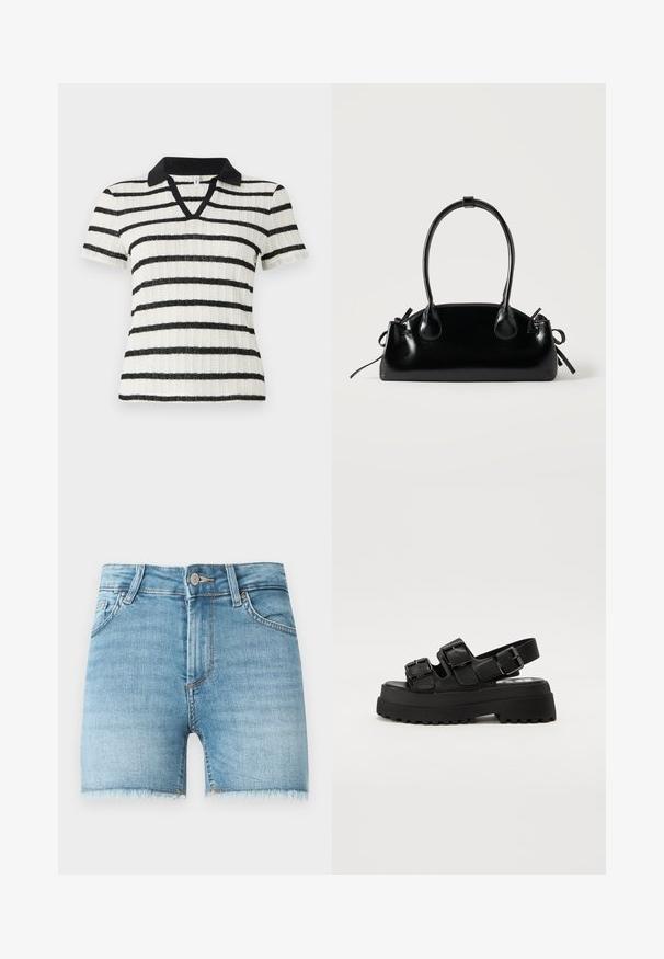 Hvid kortærmet skjorte med sorte vandrette striber og en sort polo-krave. V-hals design med ribbet struktur.; Lette blå denimshorts med rå kant, fem lommer og lukning med knap foran. Har let falmede områder og en klassisk snit.; Sorte platform sandaler med tre justerbare spænder, en tekstureret sål og en glat overdel. Designet med en solid, chunky silhuet.; Lille sort blank håndtaske med to lange håndtag og snøre-detaljer i siden på en ensfarvet lys baggrund.