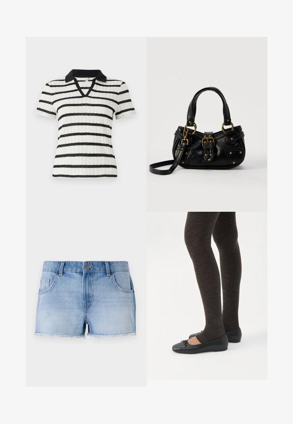 Chemise blanche à manches courtes avec des rayures horizontales noires et un col polo noir. Design en V avec texture côtelée.; Shorts en denim bleu clair avec un ourlet effiloché, cinq poches et une fermeture à bouton à l'avant. Présente un délavage passé et une coupe droite.; Jambes portant des leggings côtelés foncés associés à des ballerines noires avec de petits détails en nœud sur fond blanc.; Sac à main en cuir noir avec boucle dorée et détails à rivets, poignées courtes et bandoulière réglable sur fond blanc uni.