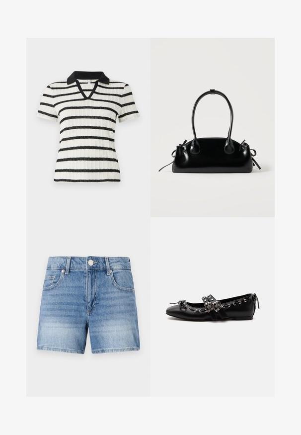 Hvid kortærmet skjorte med sorte vandrette striber og en sort polo-krave. V-hals design med ribbet struktur.; Lyseblå denimshorts med knaplukning foran, lynlåslukning, bæltestropper og forlommer på en ens hvid baggrund.; Sort flad balletsko med dobbelt spænde, sølvøjer og en lille sløjfe nær den runde tå på en hvid baggrund.; Lille sort blank håndtaske med to lange håndtag og snøre-detaljer i siden på en ensfarvet lys baggrund.