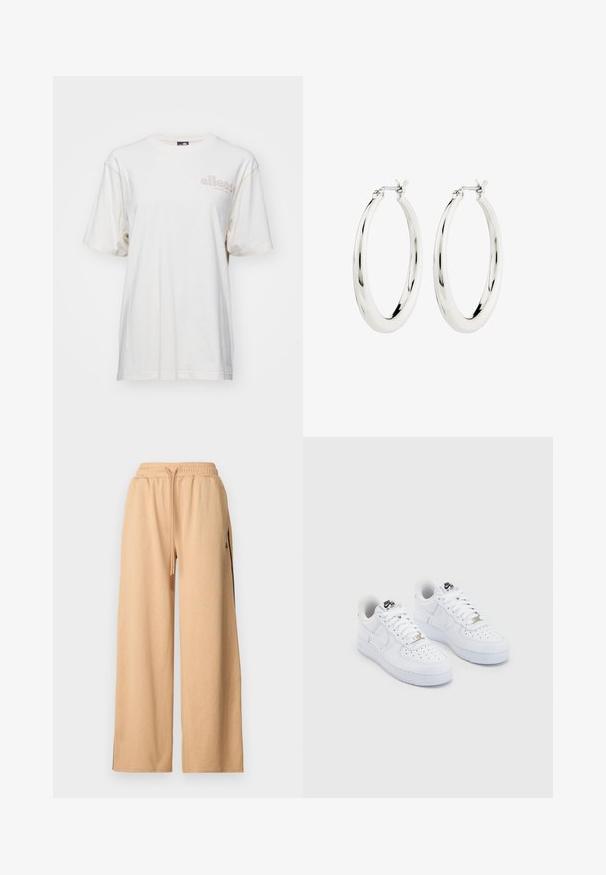 Weißes Kurzarm-T-Shirt aus Baumwolle. Hat einen Rundhalsausschnitt, eine lockere Passform und ein helles Logo, das auf der Vorderseite gedruckt ist.; Beige weit geschnittene Hose mit strukturiertem Muster, elastischem Taillenbund, Kordelzug und Seitentaschen mit schwarzen Akzenten.; Weiße Nike Air Force 1 Sneaker mit einem geschmeidigen Obermaterial aus Leder, perforierter Zehenbox, weißen Schnürsenkeln und schwarzem Branding auf der Zunge.; Silberne Creolen mit einer glatten, glänzenden Oberfläche. Kreisform, ausgestattet mit einem sicheren Verschluss. Einfaches und elegantes Design.
