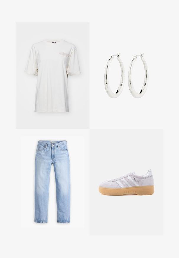 Hvid kortærmet T-shirt lavet af bomuld. Har en rund halsudskæring, afslappet pasform og et lysfarvet logo trykt på forsiden.; Lyseblå denimjeans med en lige ben-design, fem lommer og en mellemhøj talje. Har en falmet struktur og håndsyet kant.; Hvid ruskinds Adidas-sneaker med gumssål, tre hvide striber og "Spezial"-tekst på siden, vist fra den indvendige side.; Sølvøreringe i form af hoops med en glat, blank finish. Cirkulær form, der har en sikker lås. Simpelt og elegant design.