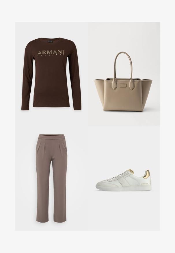Hnedá košeľa s dlhým rukávom a okrúhlym výstrihom a nápisom "ARMANI EXCHANGE" vytlačeným veľkými béžovými obrysovými písmenami na hrudi.; Taupe voľné nohavice s elastickým pásom a prednými skladmi, vyrobené z hladkej látky.; Biele nízke tenisky so zlatými akcentmi na päte a jazyku, biele šnúrky, textúrované bočné panely a značka "Michael Kors" blízko podrážky.; Béžová štruktúrovaná taška na rukoväte s dvoma madlami, hladkou textúrou a širokými bočnými panelmi rozširujúcimi sa smerom von na jednoduchom bielom pozadí.