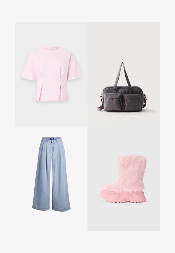 Haut rose clair à manches courtes avec un col rond et de subtils plis sur les côtés avant, présenté sur un fond uni.; Pantalon en denim bleu clair à jambes larges avec plis à l'avant, fermeture par boutons et étiquette JJXX sur la ceinture intérieure.; Botte rose épaisse avec une semelle texturée et une douce fausse fourrure moelleuse recouvrant toute la partie supérieure.; Sac à main rectangulaire en velours côtelé gris foncé avec deux poches zippées à l’avant, deux poignées et une bandoulière réglable sur fond blanc.