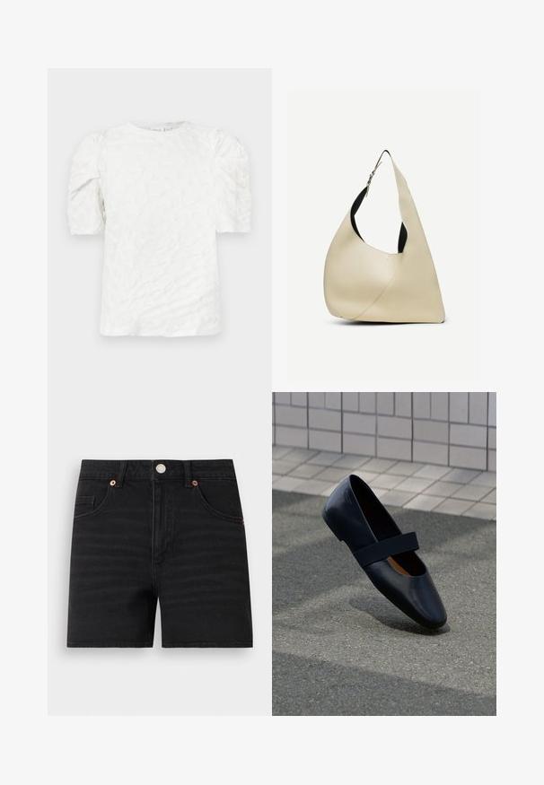 Blouse blanche texturée à manches courtes bouffantes et col rond, présentée à plat sur un fond clair.; Short en denim noir avec fermeture à boutons devant, passants de ceinture, deux poches avant et une petite poche à monnaie, présenté à plat sur fond blanc.; Chaussure plate en cuir noir avec un bout arrondi, dotée d'une douce sangle élastique noire sur le cou-de-pied. Texture lisse et design minimaliste.; Sac à bandoulière en cuir lisse couleur crème, de forme triangulaire arrondie, avec une sangle réglable et une boucle en argent.