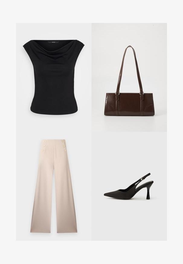 Top noir sans manches avec un large décolleté bateau et un léger drapé, taille ajustée, présenté sur fond blanc uni.; Pantalon beige à jambes larges, taille haute avec deux rangées verticales de trois boutons décoratifs dorés à l'avant.; Chaussures à talons noires avec une bride, à bout pointu, finition mate lisse et talon fin brillant. Sangle ajustable avec petit détail de boucle.; Sac à main en cuir verni marron de forme rectangulaire, avec deux longues poignées et des accents courbés subtils à l'avant.