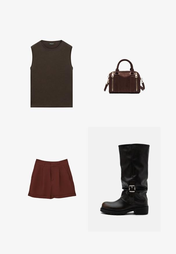 Ærmeløs, mørkebrun trøje med rund halsudskæring og et mærke inde i kraven med teksten Massimo Dutti, vist mod en hvid baggrund.; Bordeaux shorts lavet af et glat stof, med et klassisk design med flad front, sidelommer og optrukket kant.; Høj sort læderstøvle med rund tå, lav hæl, sidelukningsrem og let slapt skaft på hvid baggrund.; Brun rektangulær håndtaske i læder med to håndtag, to lodrette lynlåslommer foran og en aftagelig skulderrem.