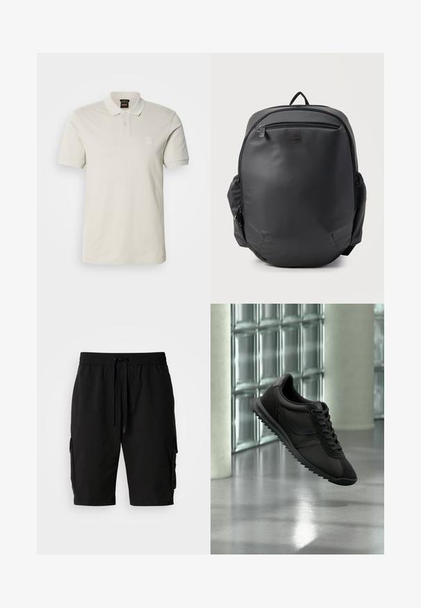 Lysebeige polotrøje lavet af glat bomuld, med klassisk krave, korte ærmer, to knapper og et lille logo på brystet.; Sorte cargo shorts lavet af letvægtsstof, med elastisk talje, snor og sidelommer til ekstra opbevaring.; Sort atletiksneaker med tekstureret sål og snørebånd, hængende over refleksivt betongulv nær glasblokmur og stor søjle.; Sort rygsæk med glat struktur og BOSS-logo, frontlomme med lynlås, sidelommer med lynlås og bærehåndtag øverst på hvid baggrund.
