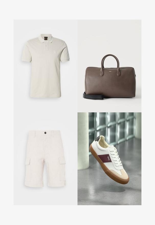 Lichtbeige poloshirt gemaakt van glad katoen, met een klassieke kraag, korte mouwen, twee knopen en een klein logoplaatje op de borst.; Beige cargoshorts van lichtgewicht stof, met twee zijzakken en een omgeslagen zoom. Knopsluiting aan de taille.; Witte lage sneaker met bruine zool, kastanjebruine streep met het label "BOSS", beige accenten bij de neus en zwarte hiel, zwevend boven een grijze vloer.; Bruine leren duffeltas met twee handvatten, een zwarte verstelbare schouderriem en een klein "BOSS" logo middenvoor.