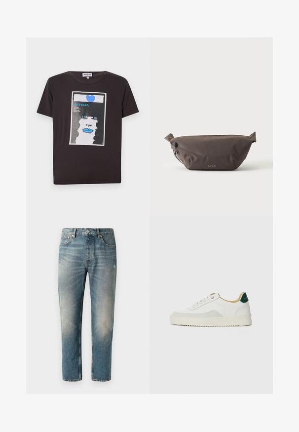 Zwarte katoenen t-shirt met een grafisch ontwerp van het gezicht van een vrouw met blauwe lippen, grote blauwe ogen en een hart, omlijst in een witte rechthoek.; Lichtblauwe denim jeans met een rechte snit. Met een knoopsluiting, vijf zakken en subtiele vervagings en wassing op de dijen.; Witte sneaker met suède accenten, ronde neus, platte veters en een crème rubberen zool. Bevat groene branding op de hiel.; Donkerbruine stoffen heuptas met diagonale ritssluiting en klein wit logo aan de voorkant, tegen een effen lichte achtergrond.