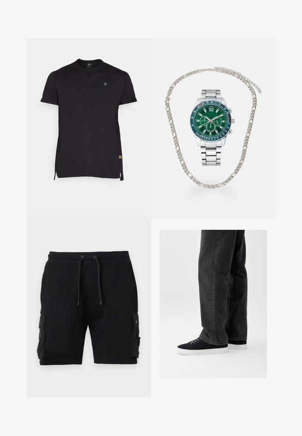 Sort T-shirt med korte ærmer, rund halsudskæring, sideslids og lille logo på brystet. Lavet af glat stof med et enkelt design.; Sort cargo shorts lavet af en bomuldsblanding, med to sidelommer, justerbar talje med snor og en glat tekstur.; Sorte denimjeans med afslappet pasform, parret med marineblå ruskindssneakers med hvide gummisåler og sorte snørebånd. Simpelt og moderne design.; Sølv metalur ur med en grøn tekstureret urskive, der har hvide timeindikatorer og subur; kædeaccessorie sammenflettet med uret.