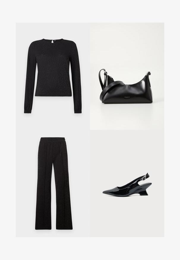 Μαύρη μακριά μπλούζα με λεπτό ανάγλυφο σχέδιο ζώου, στρογγυλή λαιμόκοψη και εφαρμοστά μανίκια με άνοιγμα στην πλάτη.; Μαύρο φαρδύ παντελόνι με ελαστική μέση και λεπτό υφασμάτινο σχέδιο, φτιαγμένο από ύφασμα με ελαφριά λάμψη.; Μαύρο παπούτσι slingback από πατενταρισμένο δέρμα με μυτερή μύτη και χαμηλό κεκλιμένο τακούνι τύπου block σε απλό φωτεινό φόντο.; Μαύρη δερμάτινη τσάντα χειρός με λεία υφή. Διαθέτει ρυθμιζόμενο λουρί και κομψό, μινιμαλιστικό σχέδιο με φερμουάρ.
