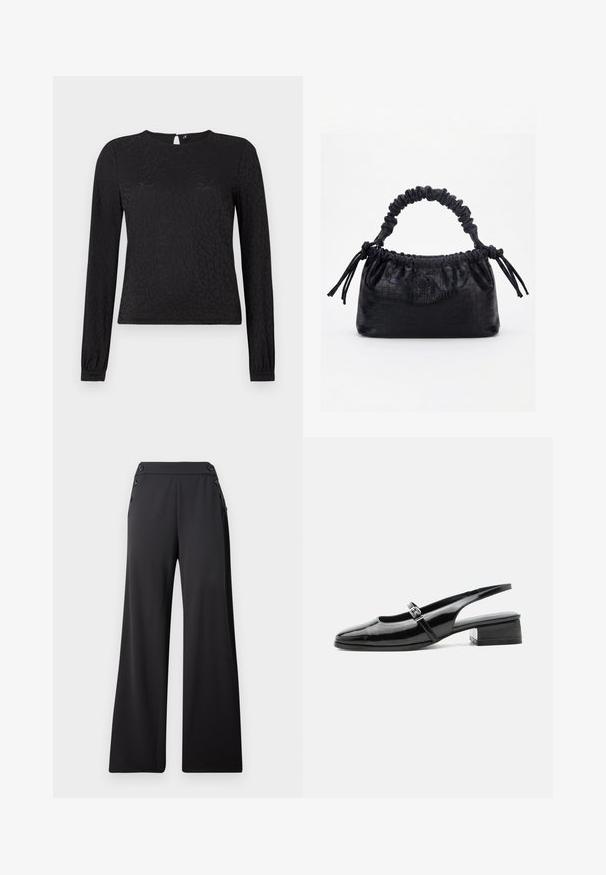 Haut noir à manches longues avec une texture imprimée animalière subtile, col rond et poignets ajustés avec une ouverture en forme de clé au dos.; Pantalon large noir à taille haute avec des boutons décoratifs sur les côtés, présenté à plat sur un fond uni.; Chaussure slingback en cuir verni noir avec un petit talon bloc et une fine bride avec une boucle argentée sur le dessus.; Sac à main noir avec texture crocodile, bord supérieur froncé, poignée plissée et pompons à cordon de chaque côté sur fond blanc.
