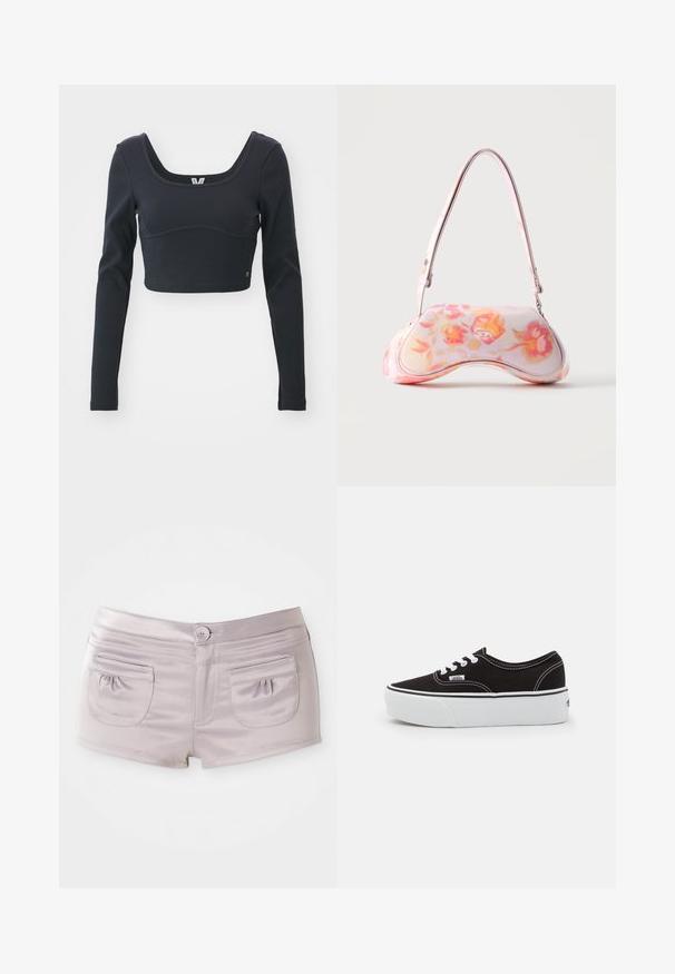 Haut court à manches longues noir en texture côtelée, présentant un large décolleté arrondi et une silhouette ajustée, avec un accent discret du logo de la marque.; Shorts violet clair en tissu lisse et brillant, avec deux poches à l'arrière et une fermeture à bouton à l'avant avec une taille plate.; Baskets en toile noires avec une semelle en caoutchouc blanc, dotées de lacets et de coutures blanches, marquage emblématique sur le côté, design basse.; Petit sac à main à la forme courbée présentant un motif floral rose et orange et une bandoulière unique sur fond uni.