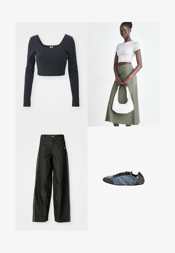 Zwarte langemouwen cropped top in geribbeld textuur, met een brede ronde halslijn en een aansluitende pasvorm, voorzien van een subtiele merklogo-accent.; Zwarte denim wijde broek met witte zijkanten, voorzien van voorzakken, een knoopsluiting en een subtiele logo nabij de tailleband.; Casual lage sneaker van blauwe denim en zwart textiel met zwarte veters en decoratieve witte stiksels op de hiel en zijkanten.; Grijs geribbelde crop top en olijfgroene hoge taille rok. Model houdt een witte schoudertas met uitsparingen vast. Eenvoudig ontwerp, aansluitende silhouet.