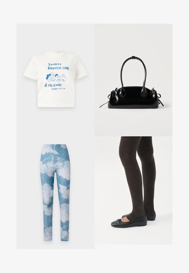 T-shirt blanc à manches courtes avec une illustration bleue de trois personnes partageant un brunch et le texte "Sunday Brunch Club & Friends Sunday 9 AM - 3 PM."; Leggings avec un fond en denim bleu et des motifs de nuages blancs. Le tissu semble extensible avec un design ajusté et une longueur au niveau de la cheville.; Jambes portant des leggings côtelés foncés associés à des ballerines noires avec de petits détails en nœud sur fond blanc.; Petit sac à main noir brillant avec deux longues anses et des détails à cordon sur les côtés sur un fond clair uni.