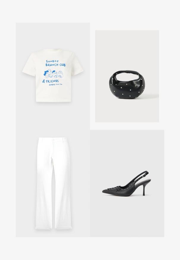 Weißes T-Shirt mit kurzen Ärmeln und blauer Illustration von drei Personen, die gemeinsam brunchen, sowie dem Text "Sunday Brunch Club & Friends Sunday 9 AM - 3 PM."; Weiße Leinenhose mit geradem Bein, Knopfverschluss und ohne sichtbare Muster. Glatte Textur und minimales Design.; Schwarzer Leder-Slingback-Stiletto mit spitzem Zehenaufsatz, seitlichem Schnallenriemen, Nieten entlang der Kante und dekorativer Schnürung vorne.; Schwarze Lederhandtasche mit abgerundeter Form, verziert mit silbernen Nietenakzenten und kurzem Griff. Glatte Struktur und Reißverschlussverschluss.