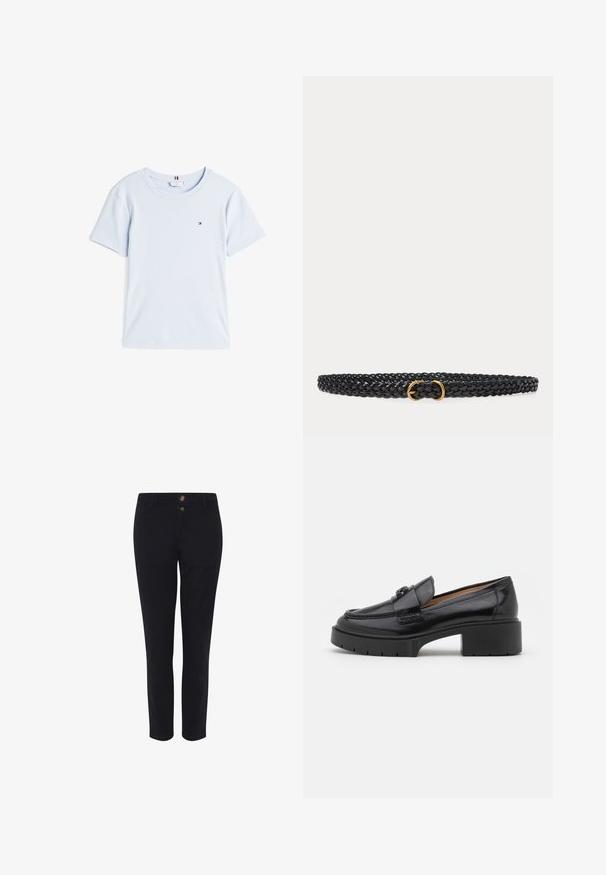 T-shirt bleu clair à manches courtes en coton. Présente un col rond et un petit logo sur le côté gauche de la poitrine. Texture lisse.; Pantalons noirs sur mesure en tissu mélangé coton, avec deux boutons à l'avant, une coupe droite et une texture lisse. Aucun motif visible.; Mocassin en cuir noir avec un petit talon bloc, une pointe arrondie, une sangle décorative et des détails de couture texturés sur le dessus. Fini lisse.; Ceinture en cuir noir tressé avec une petite boucle double dorée sur fond blanc uni.