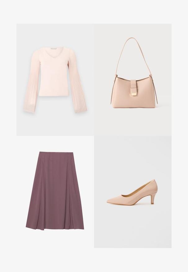 Hellrosa Langarmshirt mit V-Ausschnitt und plissierten, ausgestellten Ärmeln, dargestellt vor einem einfarbigen hellgrauen Hintergrund.; Ein knielanger Rock in einem sanften Mauve-Ton, aus leichtem Stoff mit plissiertem Design und glatter Textur. Keine sichtbaren Verschlüsse.; Spitz zulaufender, lackierter rosa High Heel mit niedrigem Absatz, der eine glatte, glänzende Oberfläche und einen subtilen, offenen V-förmigen Schnitt an der Vorderseite aufweist.; Hellrosa Handtasche mit geschwungener Form, hergestellt aus strukturiertem Material. Verfügt über einen flachen Riemen und eine Verschlussdetail in Goldoptik auf der Vorderseite.