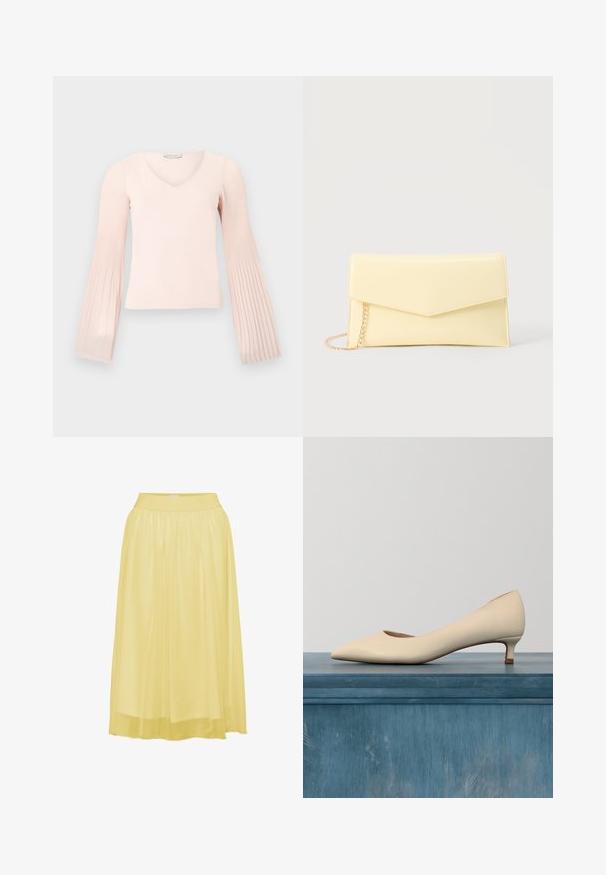 Lyserød langærmet top med V-hals og plisserede, flæseærmer, vist på en ensfarvet lysegrå baggrund.; Gul, plisseret midiskirt med en blød, blank overflade og elastisk talje, designet til komfort og bevægelsesfrihed.; Beige laklæderpumpe med spids tå, lav kittenhæl og åbne sider, med en struktureret overflade og glat indre.; Lysegul rektangulær clutch-taske med en spids klap og guldkæde-rem på en neutral baggrund.