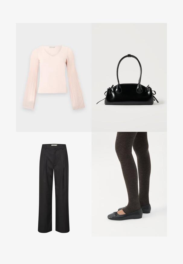 Top de manga larga rosa claro con escote en V y mangas acampanadas plisadas, mostrada sobre un fondo liso gris claro.; Pantalones de pierna ancha negros con una textura suave, delantero con plisados, lazos para cinturón y un diseño ajustado. El material ofrece una apariencia pulida.; Piernas con leggings oscuros acanalados combinados con bailarinas negras que presentan pequeños detalles de lazo sobre un fondo blanco.; Pequeño bolso negro brillante con dos asas largas y detalles de cordón lateral sobre un fondo claro liso.