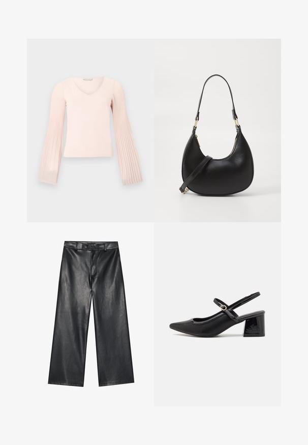 Top de manga larga rosa claro con escote en V y mangas acampanadas plisadas, mostrada sobre un fondo liso gris claro.; Pantalones de cuero negro de pernera ancha con una textura suave, lazos para cinturón y cremallera frontal. Presenta un ajuste holgado y detalles de costura limpios.; Tacones slingback de charol negro con punta afilada, un diseño de corte redondeado y tacón bloque. Incluye un detalle de hebilla en tono dorado.; Bolso de mano de cuero negro con forma curva, que cuenta con un cierre superior con cremallera, un asa corta y una correa para el hombro desmontable. Accesorios en dorado.