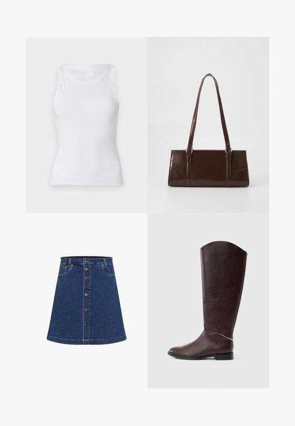 Hvid ribbet tanktop med rund halsudskæring og ærmeløs design. Materialet virker glat med en tætsiddende silhuet. Ingen synlige mønstre eller accenter.; Mørkeblå denim A-line nederdel med knaplukning foran og kontrastsyet. Har to sidelommer og en linning over knæet.; Mørkebrun knæhøj læderstøvle med flad hæl og en lille sølvfarvet dekorationsvedhæng nær anklen på hvid baggrund.; Brun lakeret håndtaske med rektangulær form, to lange håndtag og subtile buede detaljer på fronten.