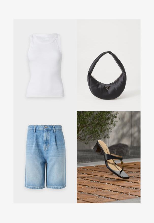 Weißes, geripptes Tanktop mit Rundhalsausschnitt und ärmellosem Design. Das Material wirkt glatt und hat eine figurbetonte Silhouette. Es sind keine sichtbaren Muster oder Akzente vorhanden.; Helle blaue Denim-Shorts mit lockerer Passform, ausgestattet mit einem Knopfverschluss, zwei Fronttaschen und einem geraden Saum. Faded-Optik über die gesamte Fläche.; Schwarze Sandalette mit Absatz, Zehenschlaufe und goldenem Akzent, auf einer Holz- und Steinpflasteroberfläche im Freien nahe Grünflächen platziert.; Schwarze Satin-Handtasche mit geschwungener Form, ausgestattet mit einem Reißverschluss und einem dreieckigen Metallsymbol auf der Vorderseite. Glatte Textur und elegantes Design.