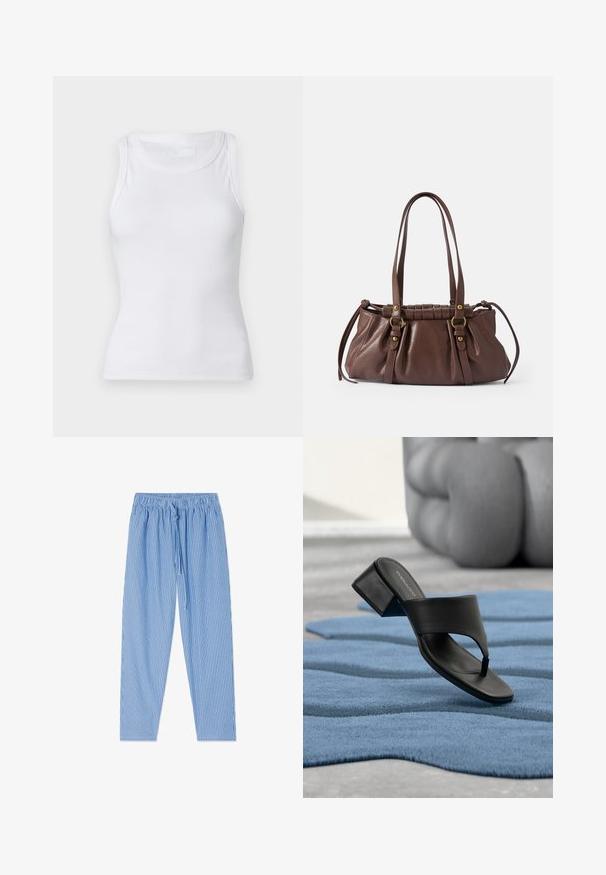 Weißes, geripptes Tanktop mit Rundhalsausschnitt und ärmellosem Design. Das Material wirkt glatt und hat eine figurbetonte Silhouette. Es sind keine sichtbaren Muster oder Akzente vorhanden.; Blau-weiß gestreifte Hosen mit elastischem Bund und Kordelzugverschluss, flach auf weißem Hintergrund liegend.; Schwarze Absatz-Zehensandale mit breitem Riemen auf blau strukturierter Oberfläche, unscharfer brauner Sessel im Hintergrund.; Braune Lederhandtasche mit zwei langen Griffen, gerafftem Design, goldfarbene Hardware-Details und einer strukturierten Oberfläche.