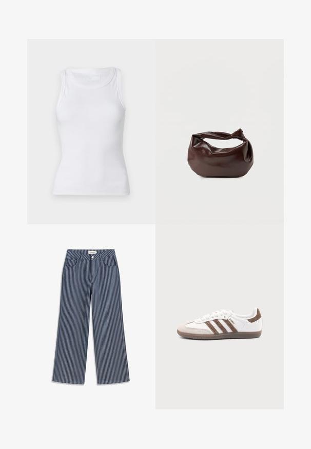 Débardeur blanc à côtes avec un col rond et sans manches. Le matériau semble lisse avec une silhouette ajustée. Pas de motifs ni d'accents visibles.; Pantalon large bleu marine à rayures blanches verticales, bouton et fermeture éclair à l'avant, avec deux poches frontales.; Baskets Adidas Samba blanches avec des bandes en daim marron, semelle en caoutchouc marron et bout en daim beige, vues du côté extérieur sur un fond uni.; Sac bandoulière en cuir marron foncé avec une forme souple et décontractée et une anse nouée torsadée sur un fond blanc uni.