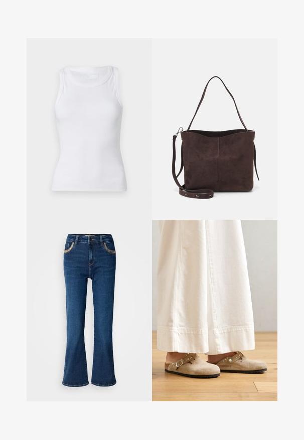 Witte geribbelde tanktop met een ronde halslijn en zonder mouwen. Het materiaal lijkt glad met een aansluitende silhouette. Geen zichtbare patronen of accenten.; Donkerblauwe uitlopende jeans met een gladde denimtextuur, contrasterende gouden stiksels en voorzakaccenten. Klassiek vijf-pocketontwerp.; Beige suède klompen met een gespsluiting en gespijkerde accenten, gedragen met witte wijde broek, geplaatst op een houten vloer.; Bruine suède schoudertas met een zachte textuur, voorzien van een enkele schouderband en een subtiele, gebogen bovenopening. Geen zichtbare hardwaredetails.