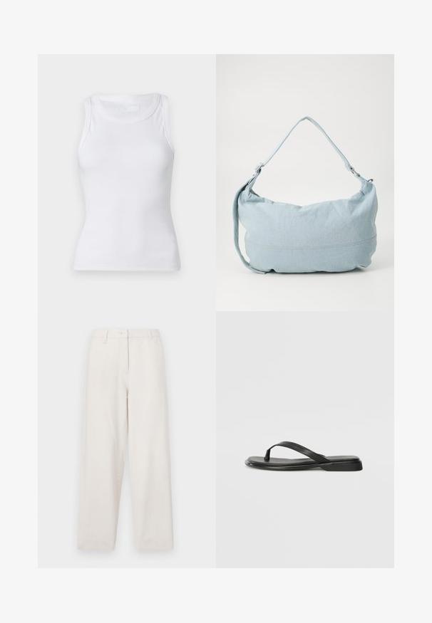 Hvid ribbet tanktop med rund halsudskæring og ærmeløs design. Materialet virker glat med en tætsiddende silhuet. Ingen synlige mønstre eller accenter.; Beige bomuldsbukser med lige ben-design, med en knaplukning, forlommer og en ren afslutning ved enderne.; Sorte flip-flops lavet af glat læder, med et tyndt remdesign og en flad sål med et minimalt profil. Ingen bemærkelsesværdige mønstre eller accenter.; Lysblå denim skuldertaske i en rund form, justerbar rem og diskret syning langs den nederste kant. Blød tekstur.