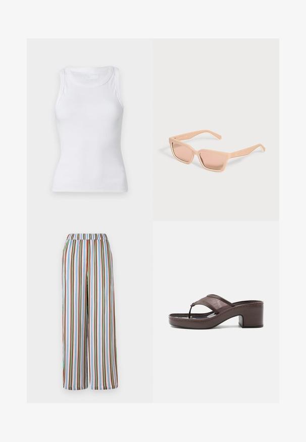 Débardeur blanc à côtes avec un col rond et sans manches. Le matériau semble lisse avec une silhouette ajustée. Pas de motifs ni d'accents visibles.; Pantalons larges à rayures avec une taille élastique. Comprend des rayures verticales colorées en bleu, rouge, vert et blanc sur un tissu léger.; Sandale marron à talon avec lanière en mesh et design en tige, dotée d'un talon bloc et d'une semelle cousue, présentée de profil sur fond blanc.; Lunettes de soleil rectangulaires couleur pêche clair avec montures épaisses et verres teintés assortis sur un fond uni clair.