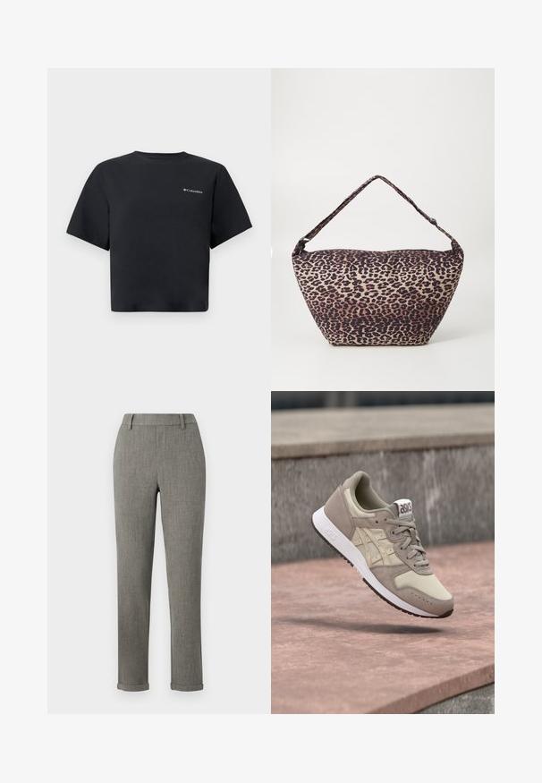 Camiseta negra recortada de manga corta con pequeño logo blanco de Columbia en el pecho izquierdo, cuello redondo y diseño sencillo sobre un fondo blanco.; Pantalones ajustados gris tailored con trabillas para cinturón y bajos remangados, adecuados para ropa formal o de oficina.; Zapatilla ASICS beige y marrón claro con suela blanca, flotando sobre una superficie de piedra al aire libre.; Bolso de hombro de tela con estampado de leopardo, de forma amplia y asimétrica, superficie texturizada y una sola correa de hombro acolchada.