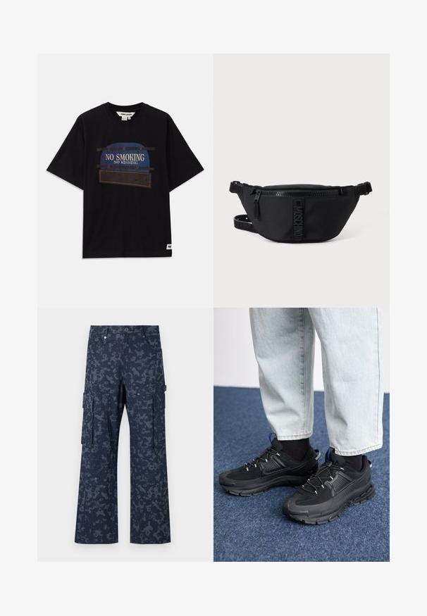 T-shirt en coton noir à manches courtes, avec un design graphique incluant les textes "INTERDICTION DE FUMER" et "INTERDICTION DE BISOUS" en accents bleu et blanc.; Sean John SCRIPT LOGO CAMOUFLAGE - Pantalon cargo - blue; Des chaussures de sport noires avec un tissu texturé et des semelles en caoutchouc, dotées de lacets élastiques et d'un accent bleu au talon. Portées avec un pantalon en denim clair.; Sac banane noir Moschino avec fermeture éclair frontale et sangle ajustable sur un fond uni clair.